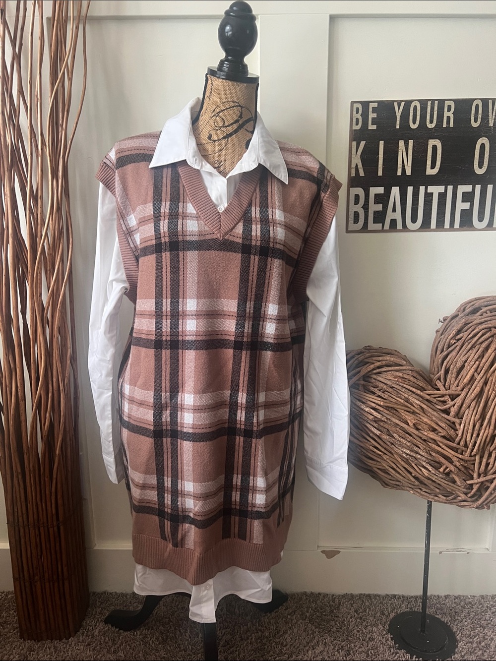 Tahari Plaid V-Neck 2-Fee Knit Tunic/Dress - Brown, Black, White
